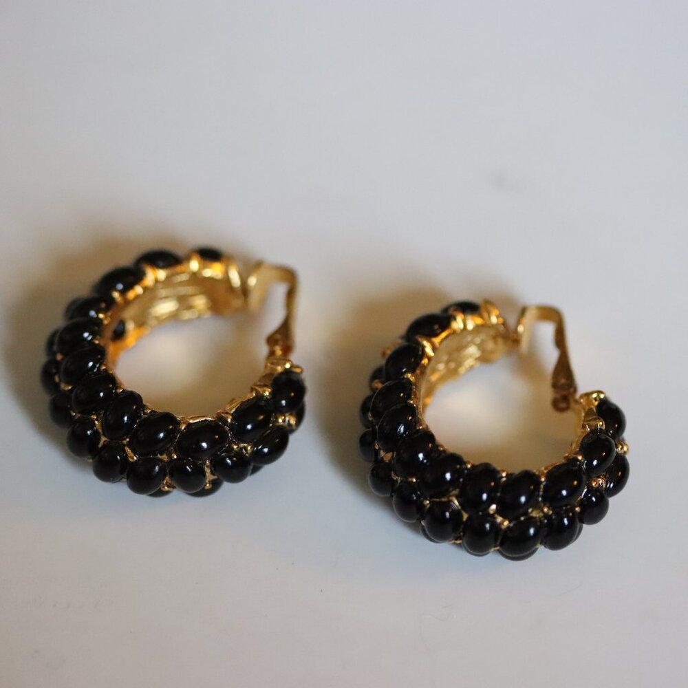 Vintage Signed Kenneth Jay Lane Black Cabochons Clip On Earrings Set